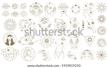 Mystical astrology elements. Magical space, planets, stars with female hands and faces vector illustration set. Minimalist woman cosmic objects. Magic mystical astrology, horoscope zodiac female
