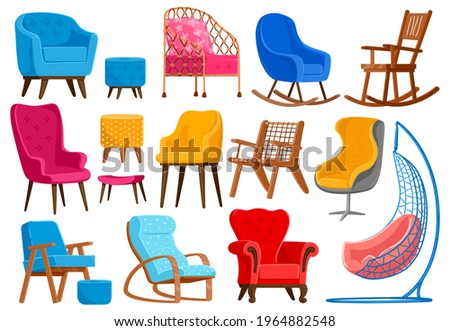 Cartoon armchairs. Modern comfortable furniture, apartment interior or office armchairs vector illustration set. Room decoration armchairs furniture. Comfortable cozy and armchair for office