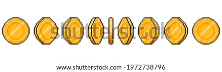 Pixel art coin animation. Game ui golden coins rotation stages, pixel game money animated frames vector illustration. Gold 8 bit coins animation. Coin cash, 8-bit gaming videogame, bonus for game