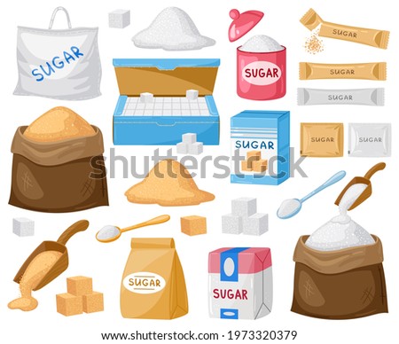 Cartoon sugar. Cube sugar, granulated and crystalline, sugar in canvas bags and carton packages vector illustration set. Sugar cartoon symbols. Food in bag, sweet ingredient cartoon