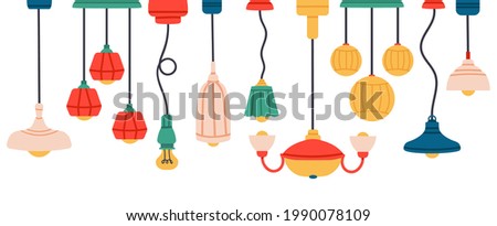 Lamps and chandeliers, hand drawn interior items and lighting elements. Vector chandelier light, decorative of lamp electricity, equipment interior illustration