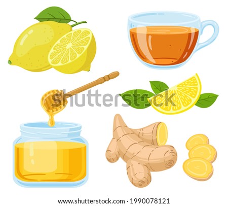 Natural cough remedies. Honey, vitamin c lemon, hot tea and chopped ginger root cartoon vector illustration set. Natural medicine remedies. Lemon and ginger, healthy tea and natural honey