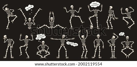 Halloween skeletons. Dancing skeletons, spooky halloween party skeleton mascots isolated vector illustration set. Funny skeletons characters. Illustration halloween skeleton, party dance bones