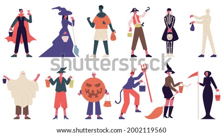 Halloween characters. People in halloween costumes, witch, ghost and mummy costumes for carnival party vector illustration set. Halloween spooky. Character halloween people in costume to holiday