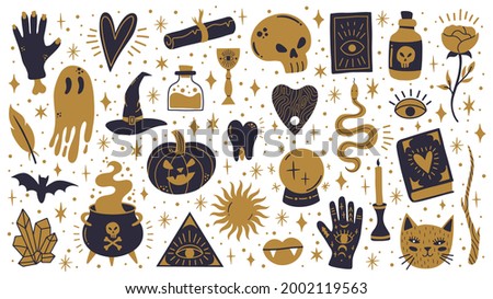 Witch halloween symbols. Doodle witchcraft spooky, magic cauldron, skull and pumpkin vector illustration set. Spooky halloween witchcraft icons. Occult witchcraft, cauldron and mystery occultism