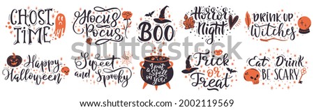 Halloween lettering quotes. Handwritten halloween phrases, put a spell on you and trick or treat vector set. Spooky halloween lettering. Halloween handwritten typography, quote and greeting lettering
