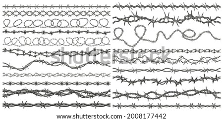 Razor wire silhouettes. Barbed wire metallic border elements, sharply barb wire fencing vector symbols set. Prison barbed wire. Twisted steel protective barrier with spikes collection Foto d'archivio © 