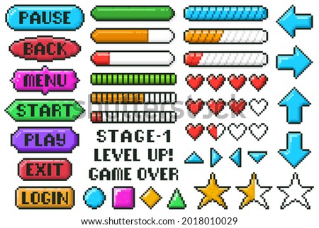 Pixel game menu buttons. Game 8 bit ui controller arrows, level and live bars, menu, stop, play buttons  illustration set. Gaming menu buttons. Game interface pixel, gui 8-bit graphic