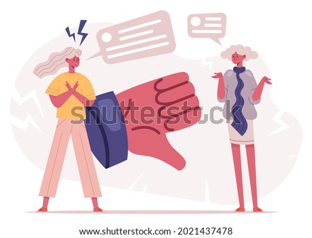 Negative response thumbs down dislike concept. Social media bad review, haters dislike feedback vector illustration set. Finger down negative response concept. Women writing angry comments