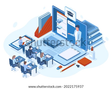 Isometric online webinar training e-learning people concept. Online webinar, school education or digital training vector illustration. Distance learning concept. Studying via devices as laptop, tablet