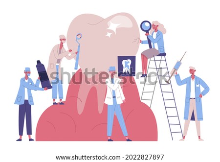 Stomatology dentists characters take care giant tooth. Dental service, doctors treat, clean tooth plaque and caries vector illustration set. Dental clinic treatment. People examining with magnifier ストックフォト © 