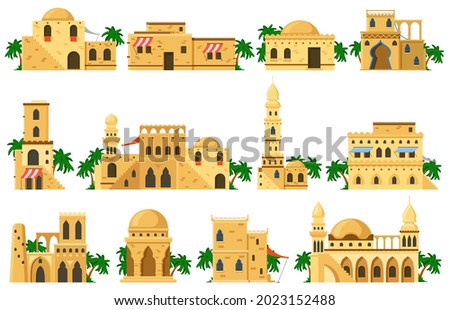 Arabic oriental traditional mud brick architecture buildings. Muslim authentic mud houses, mosque, rotunda, tower vector illustration set. Traditional arabic ancient houses with palm trees