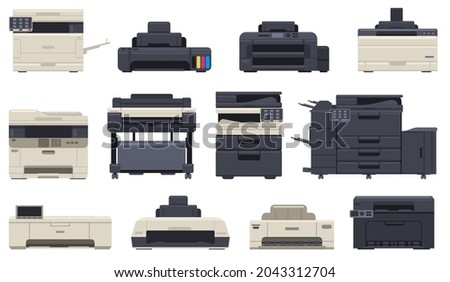 Office professional equipment printer scanner machines. Technology office, inkjet printer, vector illustration set. Digital printing machine. Professional scanner and copier, printer and photocopier