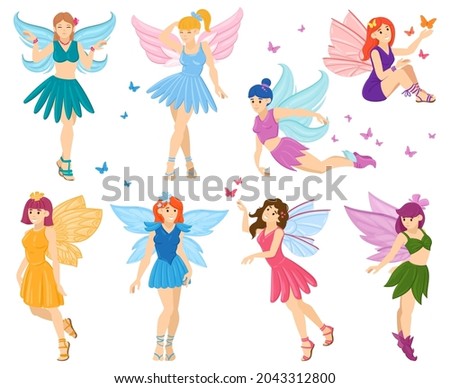 Cartoon magical fairy tale little fairies characters. Cute little flying fairies, funny fantasy fairy girls mascots vector illustration set. Magical fairy tale creatures. Fabulous princess fairytale