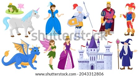Cartoon fairy tale medieval magic world characters. Fantasy fairy tale princess, unicorn, knight, wizard, dragon vector illustration set. Fairy tale magical heroes. Fairy and castle, witch and prince