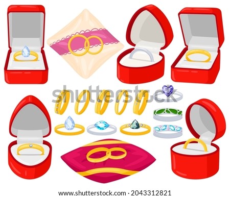 Cartoon wedding engagement jewel golden and silver rings. Marriage proposal, bride and groom rings in red velvet boxes vector illustration set. Wedding jewellery accessories golden rings in box