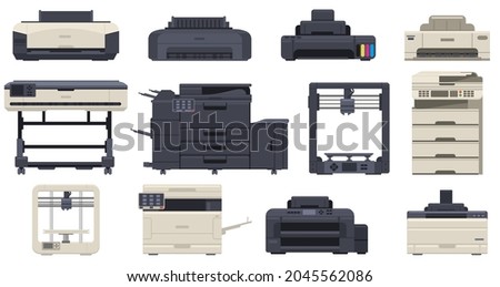 Printer office work professional scanner copier machines. Office technology printing devices, 3d printer, copier vector illustration set. Multifunction office machines and scanner, printer laser