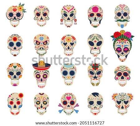 Day of the dead skulls. Dia de los muertos traditional mexican sugar human head bones  symbols set. Dead day skulls with flowers. Horror and spooky human skull to holiday muertos illustration