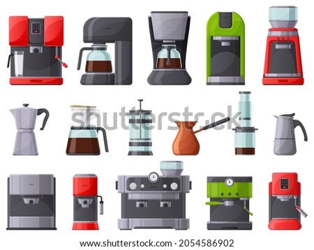 Coffee machines, coffee maker, espresso machine and pot. French press, restaurant or home coffee makers vector illustration set