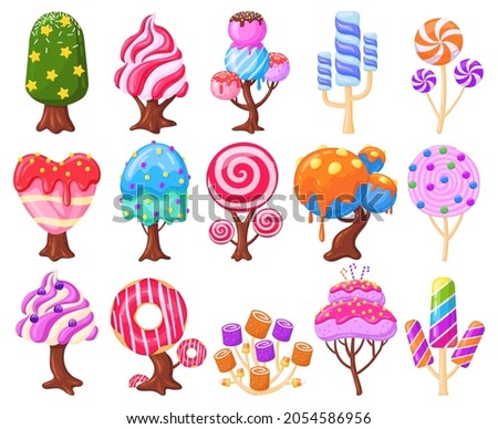 Cartoon fantasy sweet land caramel trees. Fantasy nature, game design sweet candy landscape vector illustration set. Caramel, ice cream and marshmallow trees. Fantasy caramel tree and candy cartoon