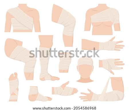 Cartoon physical injured body parts in bandage applications. Bandaged human body parts, protected wounds, fractures and cuts vector illustration set. Medical bandages. Bandage fracture and gypsum