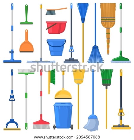 Household cleaning mops, broom, sweeps, scoops and plastic buckets. Cleaning swab, mop, broom, feather duster and dustpan vector Illustration set. House cleaning supplies equipment for household