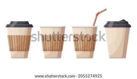 Coffee hot drink paper cups. Cafe, restaurant or take out coffee plastic cups, disposable plastic hot drinks vector illustration