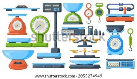 Store electronic and mechanical scales for weight measuring. Market or kitchen measuring instrument vector illustration set. Weigher scales. Collection of scale measurement, mechanical instrument
