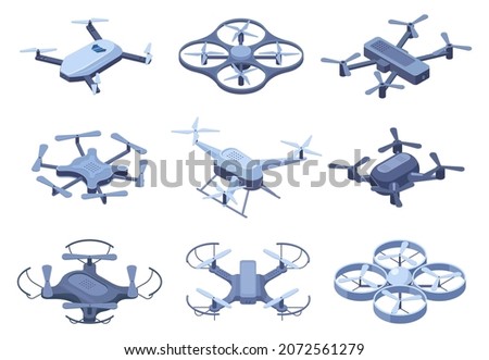 Isometric drones, flying quadcopter with remote controllers. Remote control, unmanned aerial drones vector illustration set. Electronic quadcopters. Drone unmanned, robot helicopter