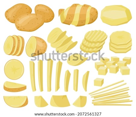 Cartoon potato, raw sliced potatoes, french fries, chips. Potatoes vegetable products, chopped and peeled potatoes vector illustration set. Ripe, tasty potato vegetable. Food vegetable cartoon
