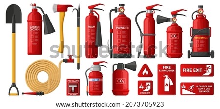 Firefighting, fire protection equipment, fire extinguisher, emergency signs. Firefighter protection, flame fighting tools vector illustration set. Fire station equipment. Firefighter equipment Stockfoto © 