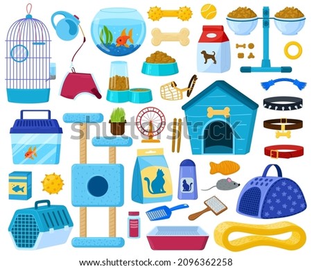 Cartoon dogs and cats supplies, pet shop equipment. Pet store accessories, domestic pet food, toys, home, bowl vector illustration set. Dog and cat care equipment. Fishbowl, cage and scratching post