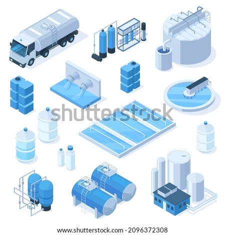 Isometric 3d water purification industrial system technology facilities. Industrial water tanks, pumping station vector illustration set. Industrial water facilities with cleaning and filtrating tools
