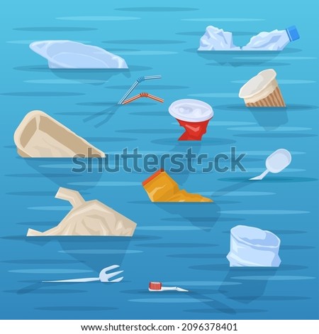 Polluted ocean, plastic disposable trash floating in water. Disposable plastic garbage in polluted ocean or sea water vector illustration. Nature polluting plastic trash as bag, toothbrush, mug