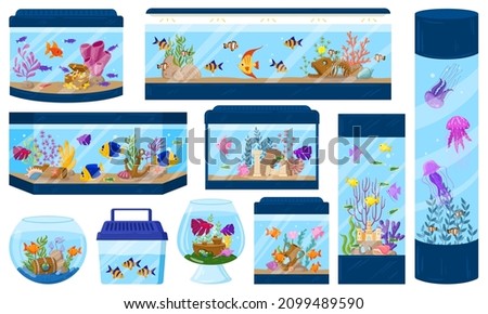 Cartoon aquariums with underwater fish, algae and corals. Aquarium underwater fish pet vector illustration set. Aquaria environment with sea wildlife, seaweed and decor as anchor, treasure chest