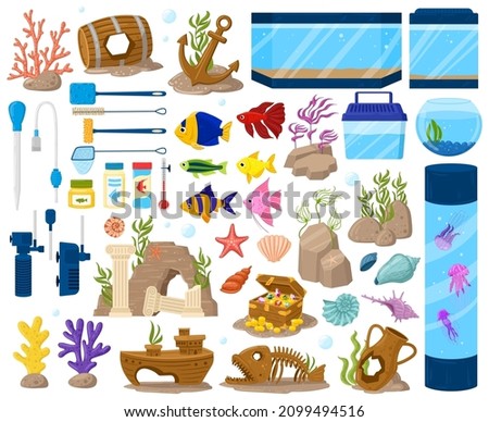 Aquarium underwater seaweeds and fish, cartoon aquaria equipment. Underwater pets, goldfish or guppy vector illustration set. Cartoon aquarium accessory. Reefs, stones and treasure chest decor