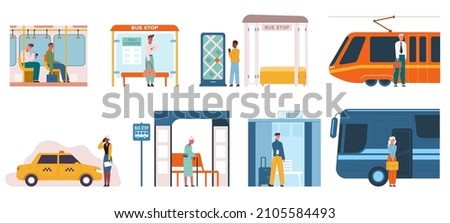 People in public transport, bus and subway, public transport passengers. City passenger characters vector illustration set. Urban public scenes in subway and bus