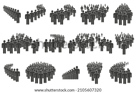 Crowd silhouettes, business people queue, group lining up. People group icons, queuing crowd, business social community or team vector illustration set. Unity people team business crowd