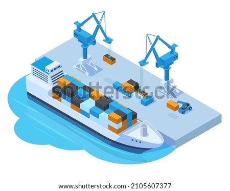 Isometric seaport cargo service, cargo ship barge, container and crane. Marine water transportation seaport concept vector illustration. Boat cargo logistic and shipping. Port isometric industry Imagine de stoc © 