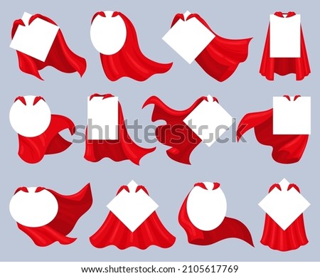 Cartoon superhero cloaks with posters, scarlet capes covers. Hero fabric cloaks with blank badges vector illustration set. Red super heroes cloaks. Illustration of cloak cape superhero with poster Foto d'archivio © 