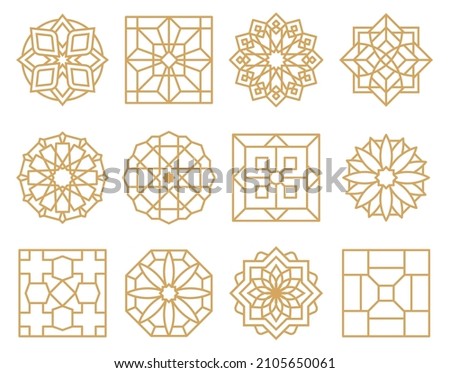 Abstract oriental muslim arabic golden framed emblems. Traditional ornamental arabic luxury frames vector illustration set. Oriental style gold outline rosettes. Muslim ornament abstract