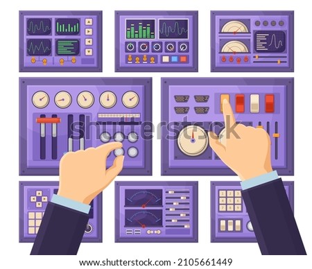 Retro control dashboard panel with operator hands, console connection ports. Hands work with control panel elements vector illustration. Spacecraft dashboard panel. Dashboard console with indicator