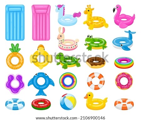 Cartoon swimming, pool or beach water rubber ball and mattress. Summer water toys, pool lifebuoys vector illustration set. Inflatable rubber pool equipment. Illustration of circle swim realistic