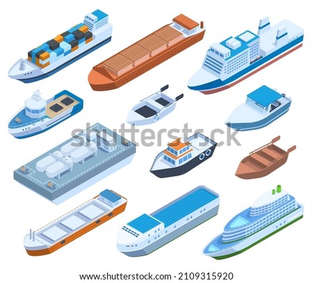 Isometric commercial sea ships, yacht, barge, cruise and sailing boats vector illustration. Water transportation isometric shipment Imagine de stoc © 