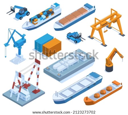 Isometric seaport, cargo ships, barges and containers. Marine port ships, cranes shipping containers vector illustration set. Water transportation and logistic. Seaport container and cargo isometric Imagine de stoc © 