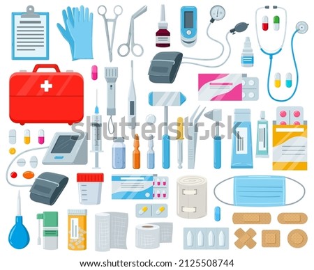 Cartoon first aid kit, medical tools and pharmacy medicines. Medical emergency box with bandage, painkillers and thermometer vector illustration set. First medical help items as pills, tonometer