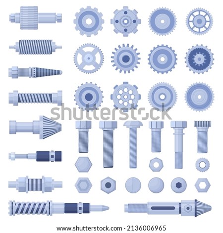 Mechanical engine industrial pulley, screw, bolt cog and cogwheel. Hydraulic machines parts, screws and nuts vector illustration. Machinery bolts and gears. Mechanical industry screw