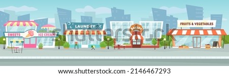 Street shops. Market street around town road, city downtown with local shop buildings vector illustration. Street market shop, business commercial building