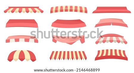 Store awnings. Restaurant tent, shop canopy with red stripes and market roof vector set of tent for shop, canopy for store, cafe street 商業照片 © 