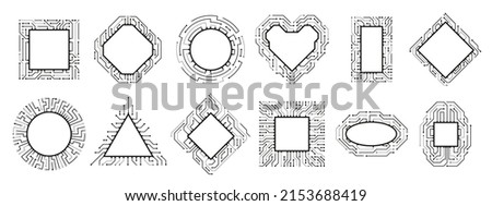 Microchip frame. Electronic chip, CPU border and digital circuit line board. Computer processors vector set. Micro scheme of different shapes as circle, square, heart, rectangle and triangle